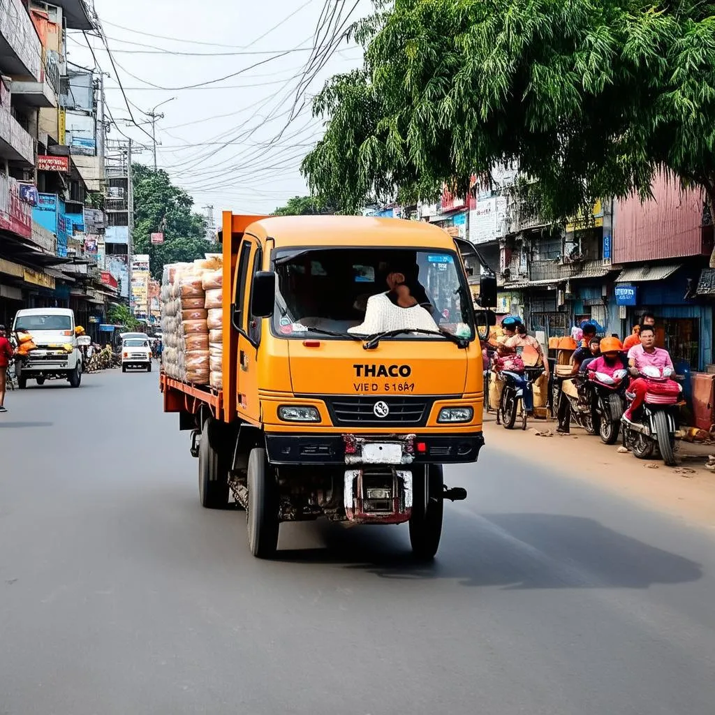 Xe tải Thaco chở hàng trên đường phố