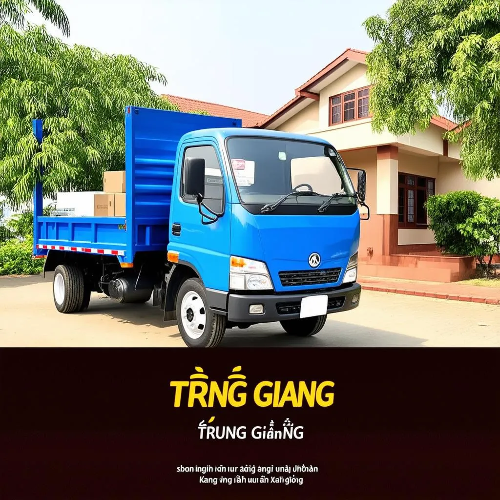 Xe tải Trường Giang màu xanh, thùng lửng, đậu trước nhà