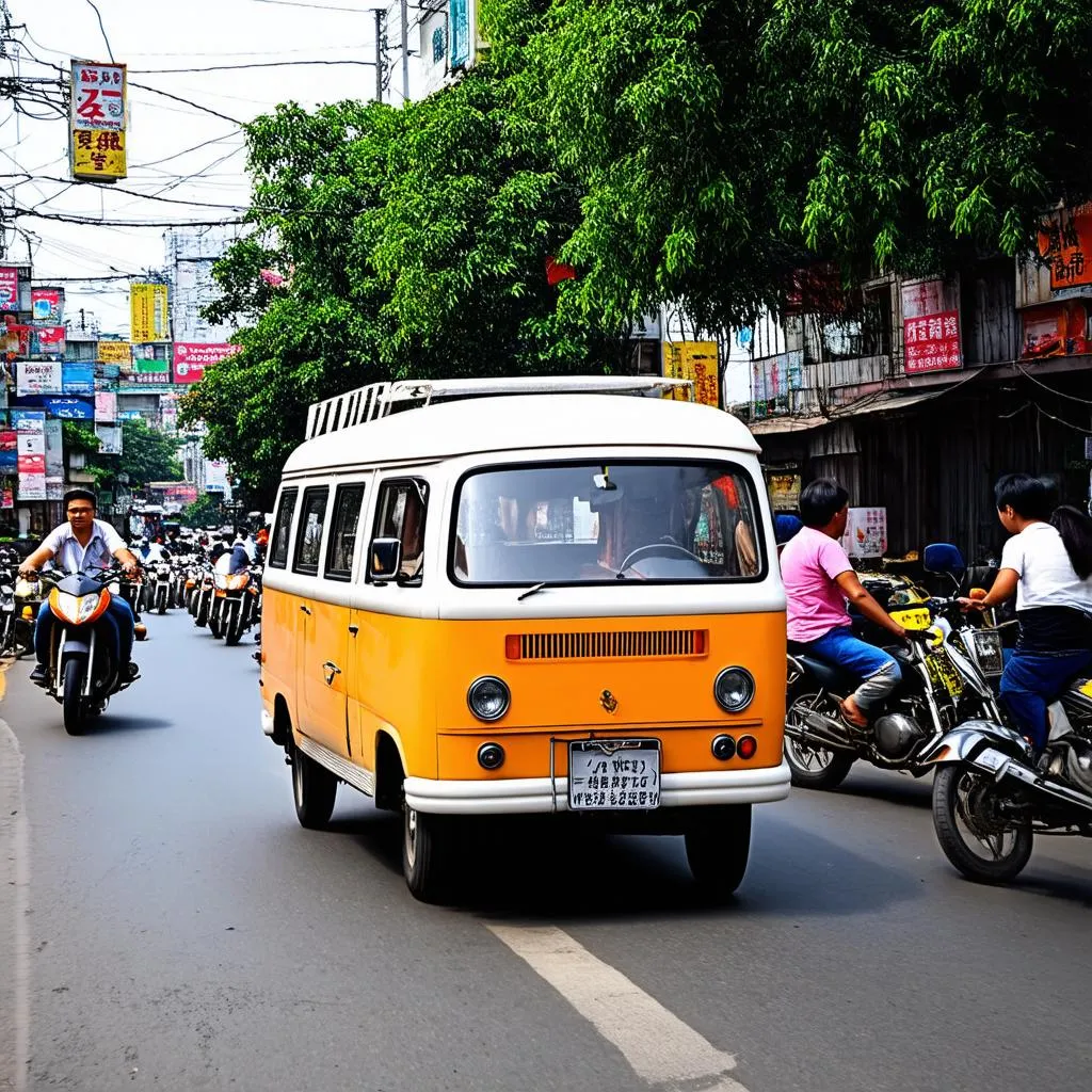 Xe tải van di chuyển trên đường phố Hà Nội