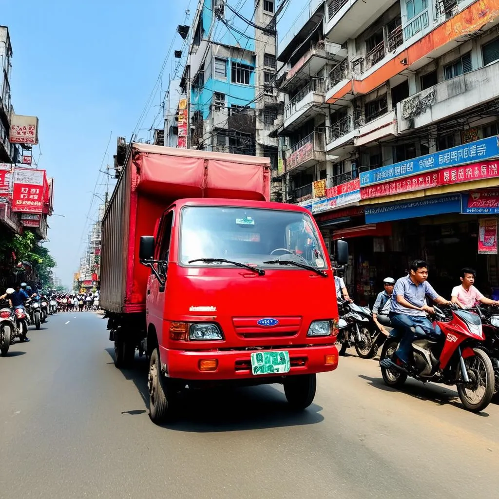 Xe tải van Dongben chạy trên đường phố