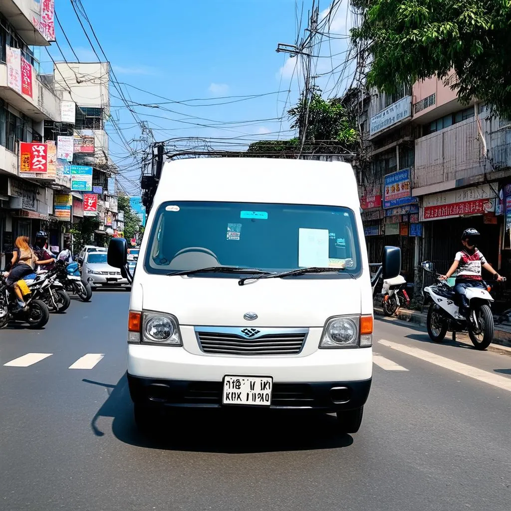 Xe tải van hiện đại chạy trên đường phố