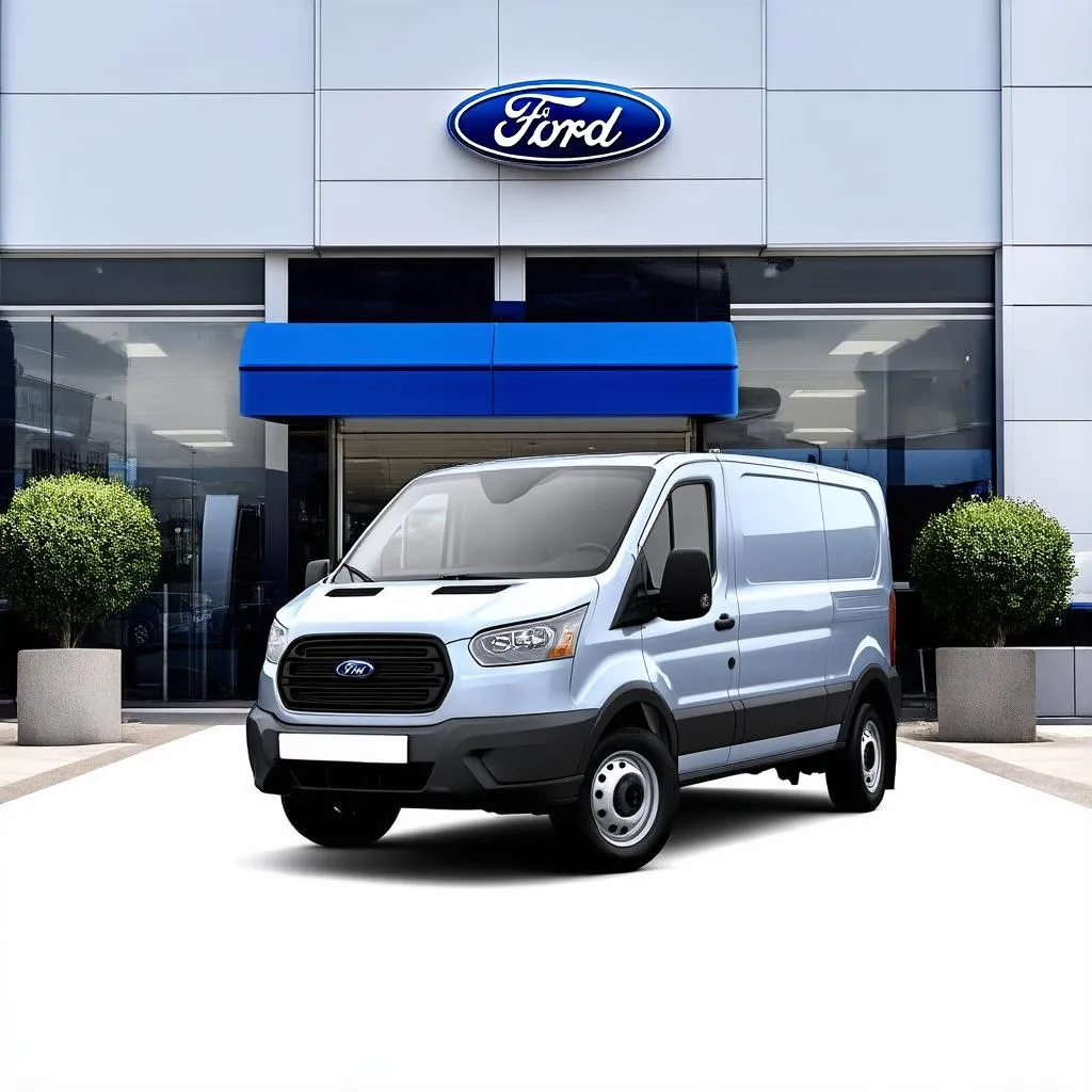 Mặt tiền đại lý Ford, bên ngoài trưng bày xe Ford Transit