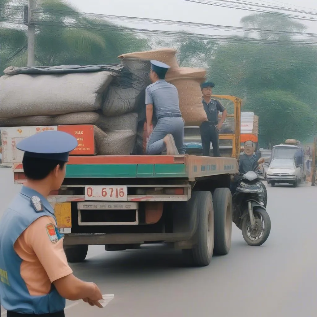 Cảnh sát giao thông kiểm tra tải trọng xe tải