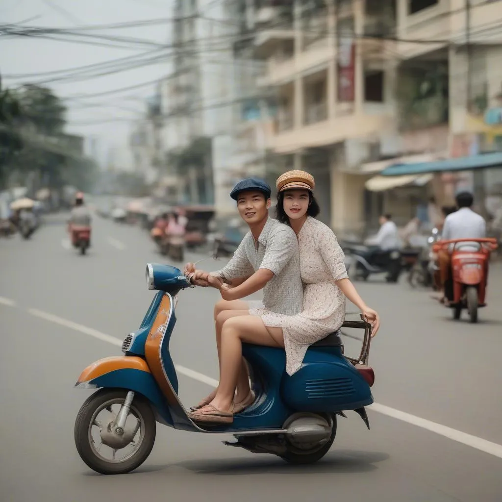 Cặp đôi trẻ đi xe Vespa cổ trên con đường ven biển TP.HCM