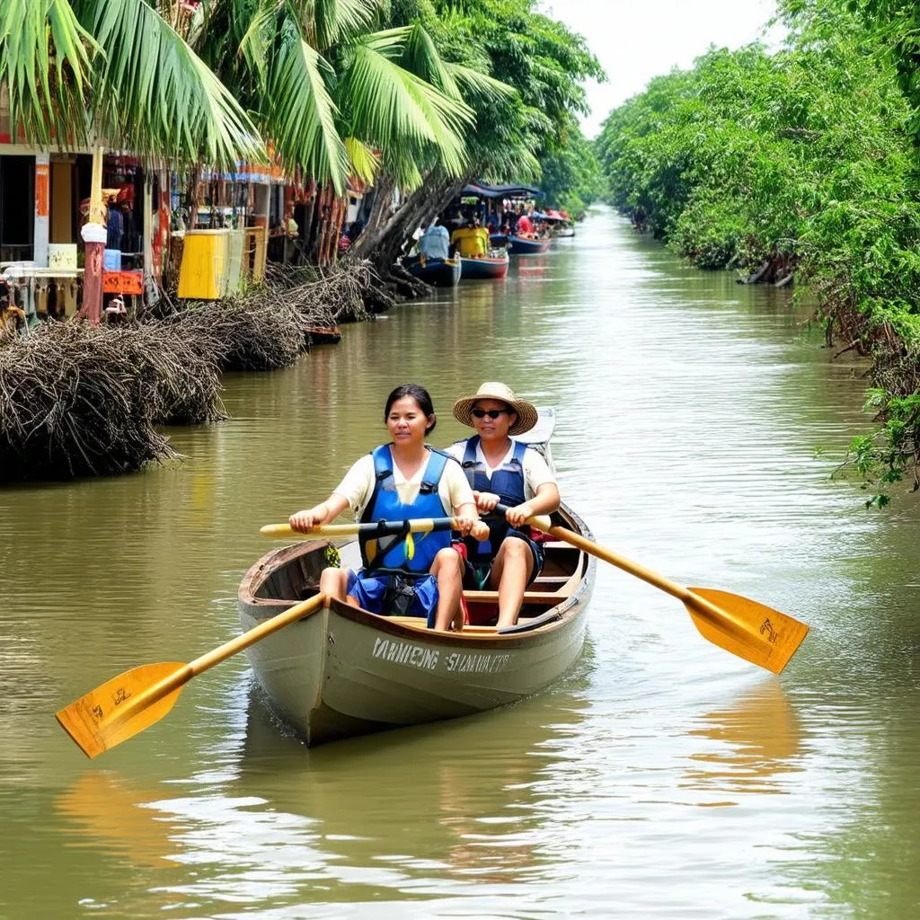 Du khách chèo thuyền trên sông nước Cần Thơ