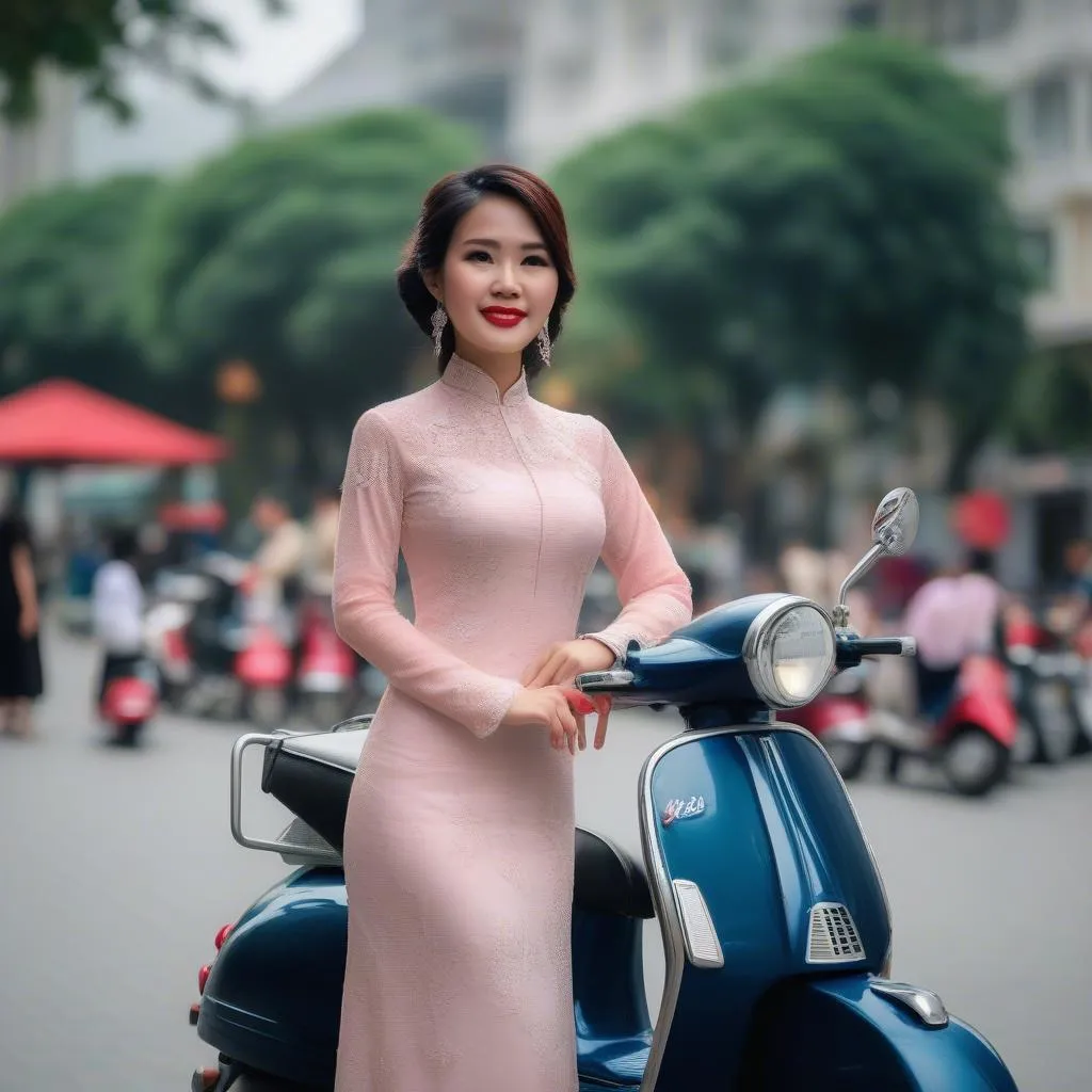 Cô gái mặc áo dài tạo dáng bên xe Vespa cổ trên phố đi bộ Nguyễn Huệ