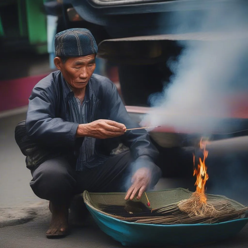 Tài xế xe tải thắp nhang cầu may mắn cho chuyến đi Cao Bằng