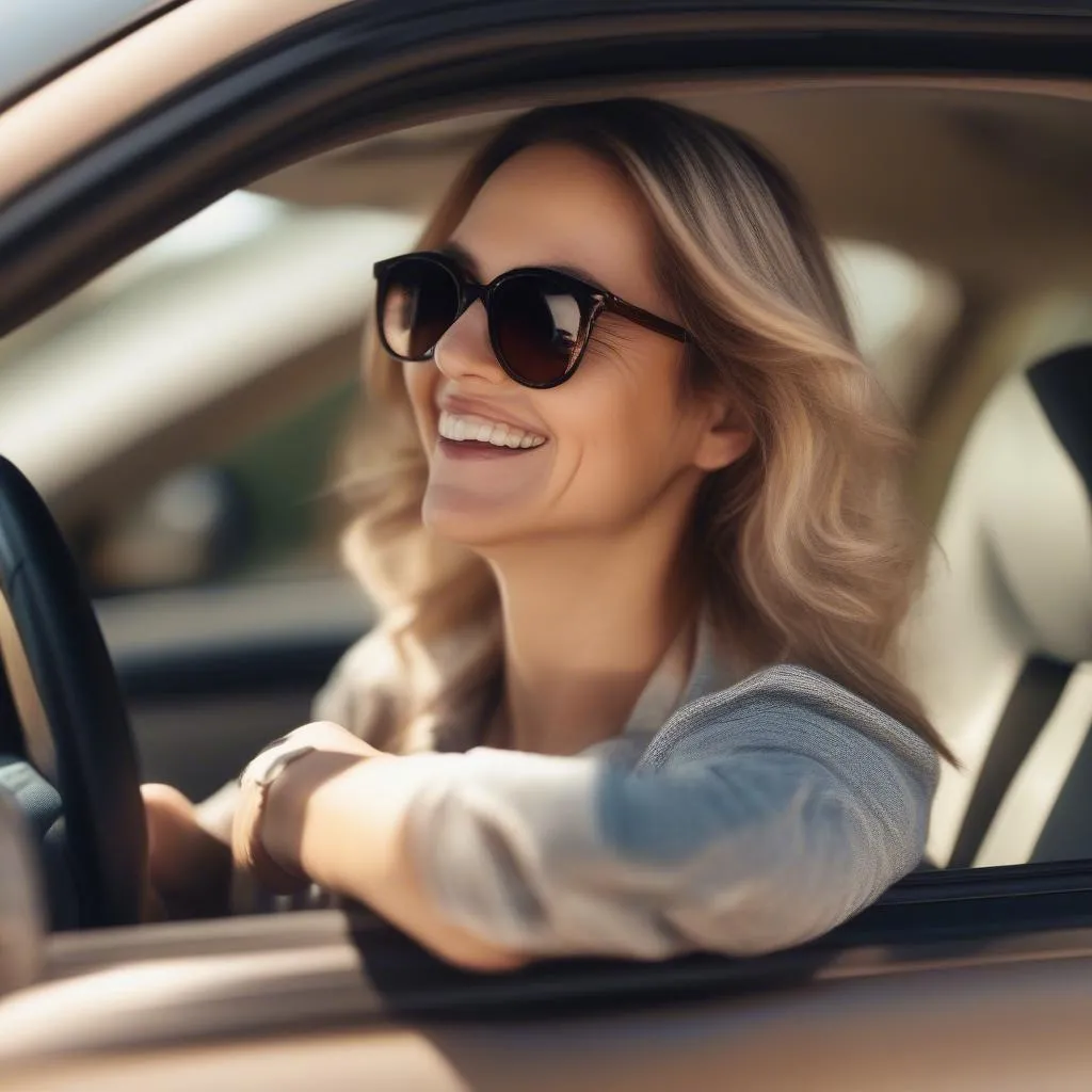 A happy woman enjoying the drive in her new car