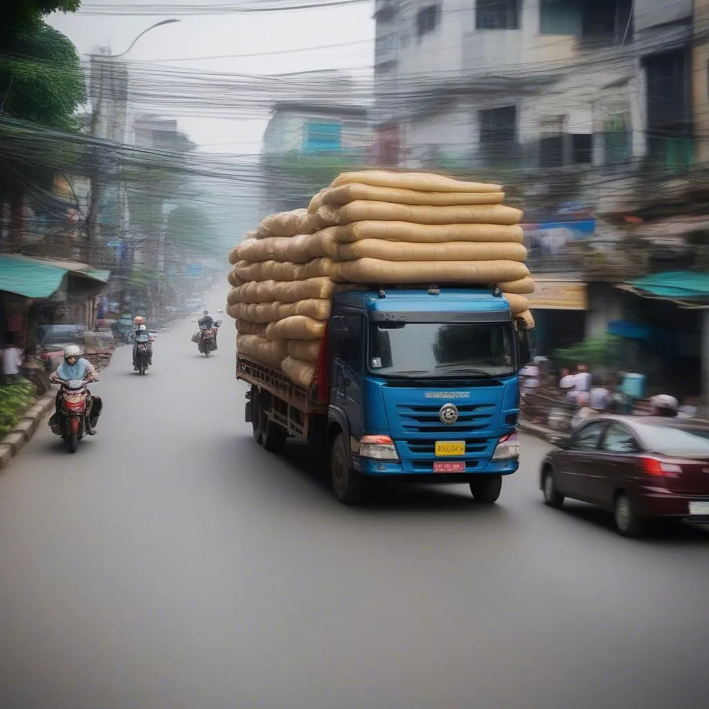 Xe tải đi vào đường Phạm Văn Đồng giờ cao điểm