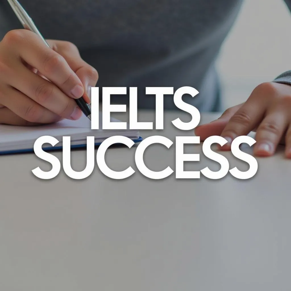 Close-up of a hand writing on a notebook with the words &quot;IELTS Success&quot; clearly visible.