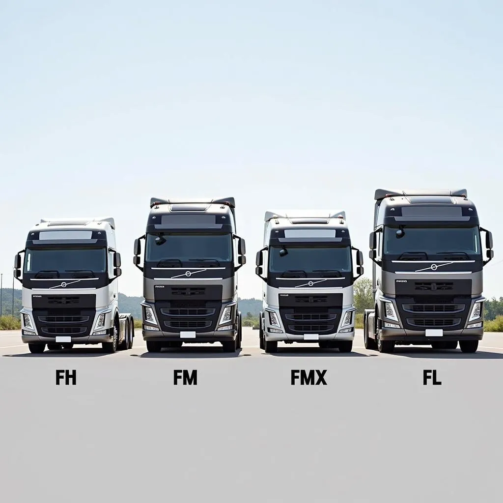 Hình ảnh so sánh các dòng xe tải Volvo phổ biến tại Việt Nam: Volvo FH, FM, FMX, FL.