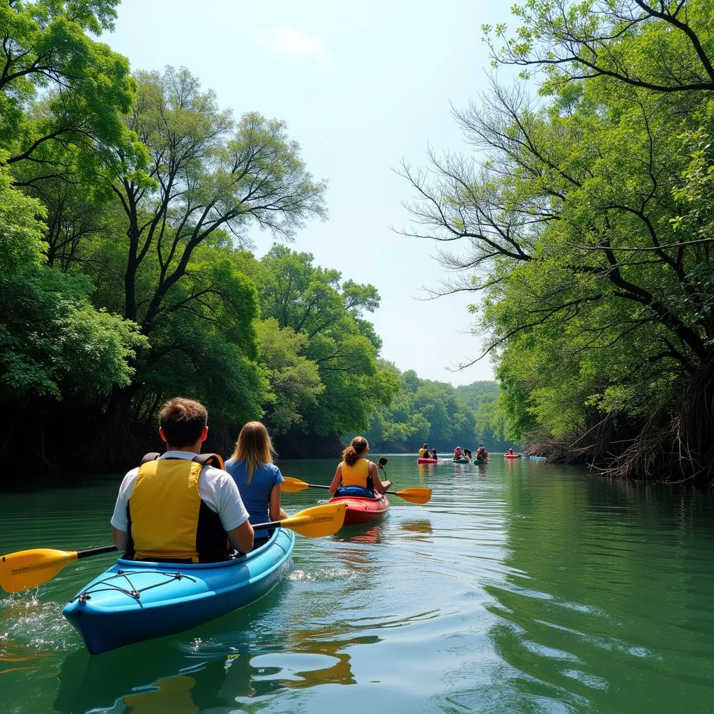 Du khách chèo thuyền kayak trên sông Kampot