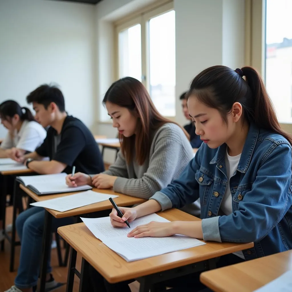 Students learning Korean in a classroom setting