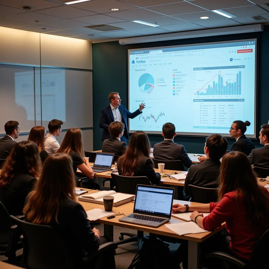 Students in a Fintech master's program attending a lecture.