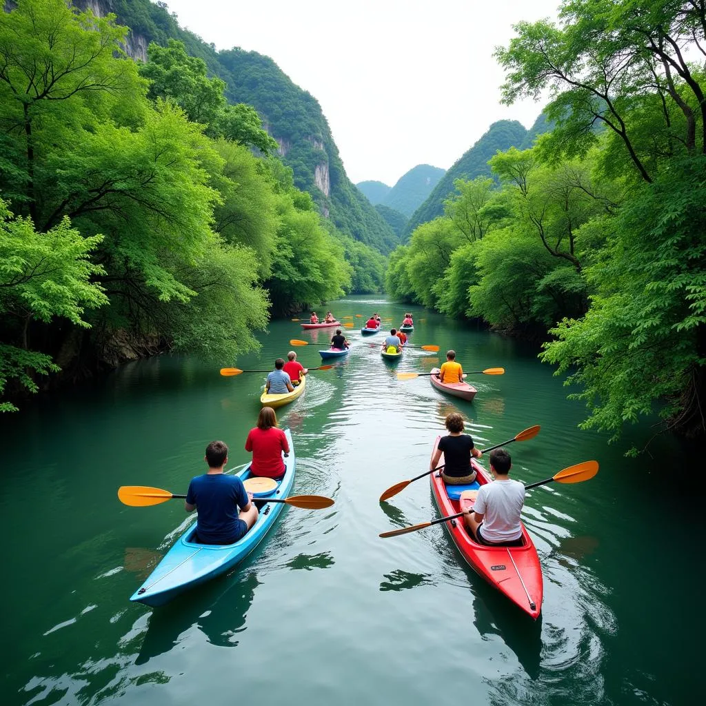 Du khách chèo thuyền kayak