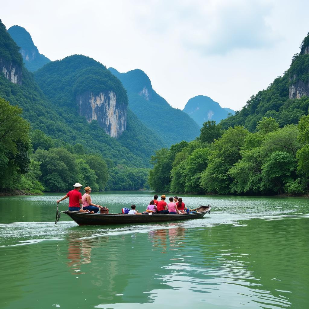 Hình ảnh du khách đang chèo thuyền trên Hồ Dầu Tiếng, tận hưởng không khí trong lành và khung cảnh thiên nhiên yên bình.