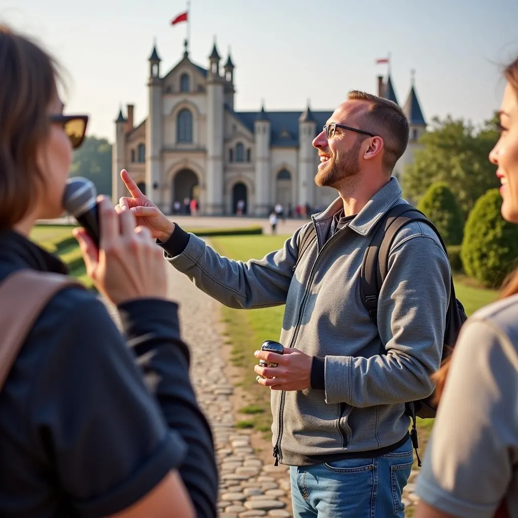 Tour guide sharing information with tourists