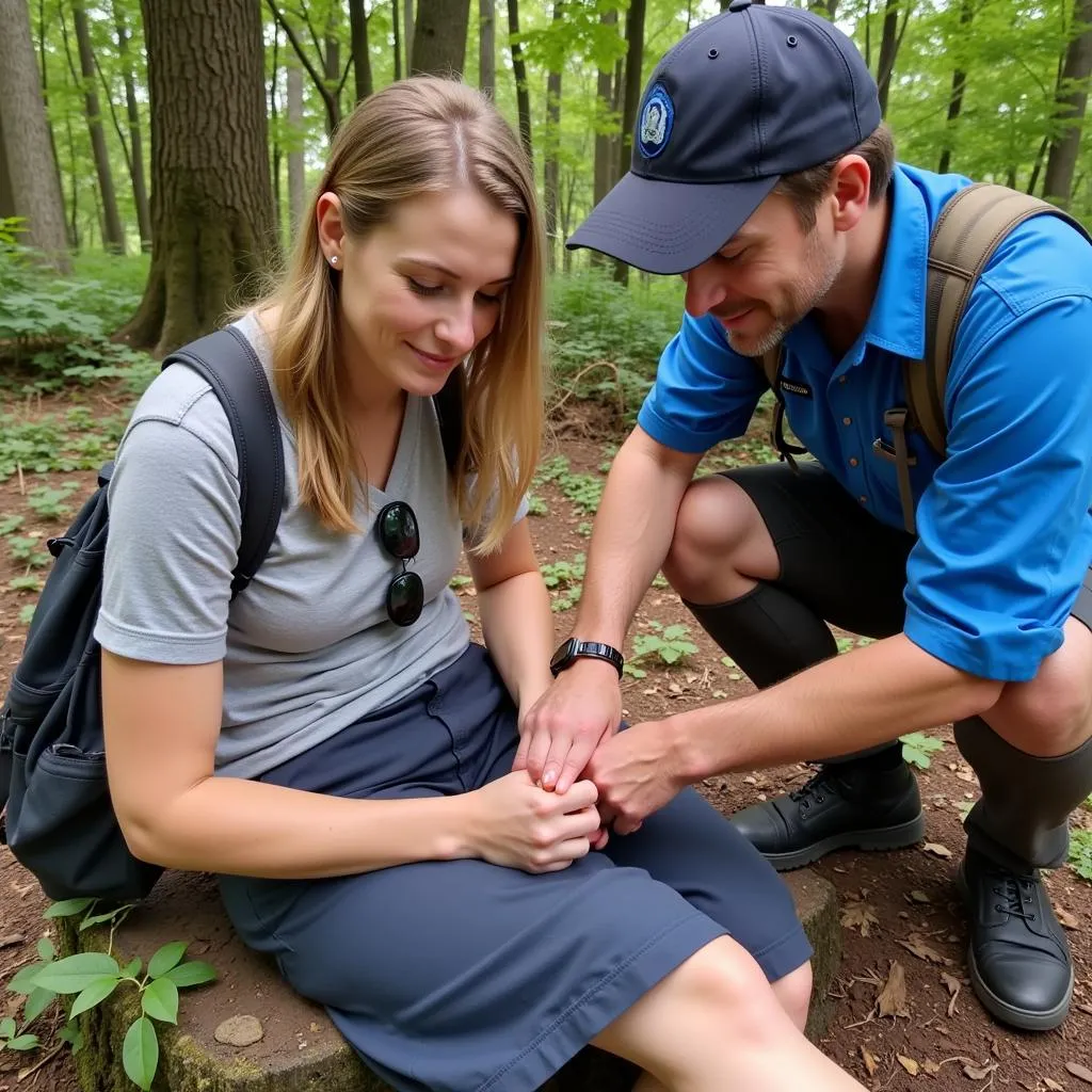 Tour guide assisting tourists in an emergency situation