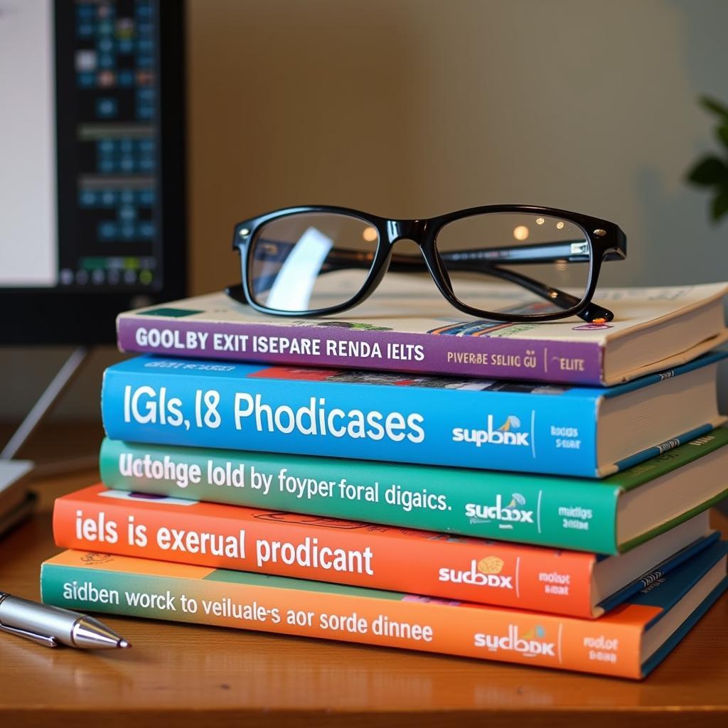 A stack of IELTS preparation books.