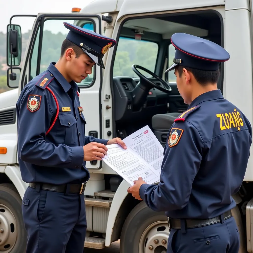 Cảnh sát giao thông kiểm tra giấy đi đường cho xe tải