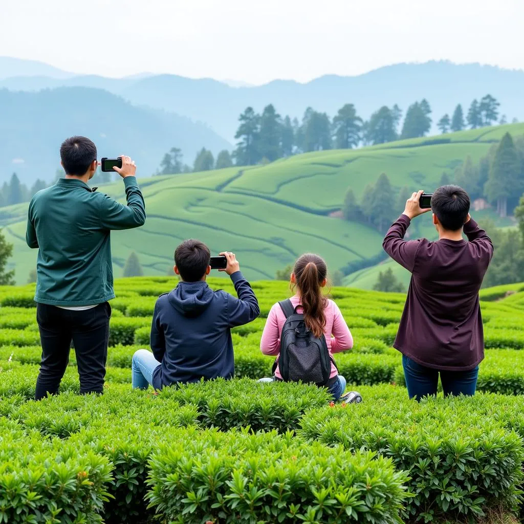 Du khách check-in tại đồi chè Mộc Châu