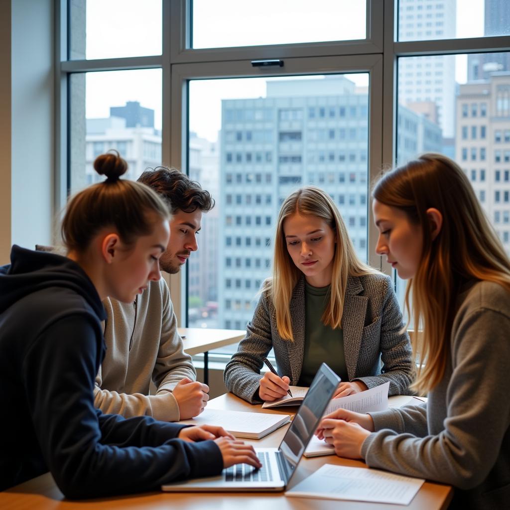 Students studying in a modern library