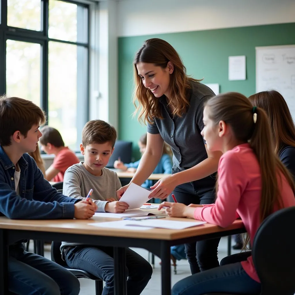 Modern classroom with students and teacher interacting, focusing on student engagement and personalized learning.