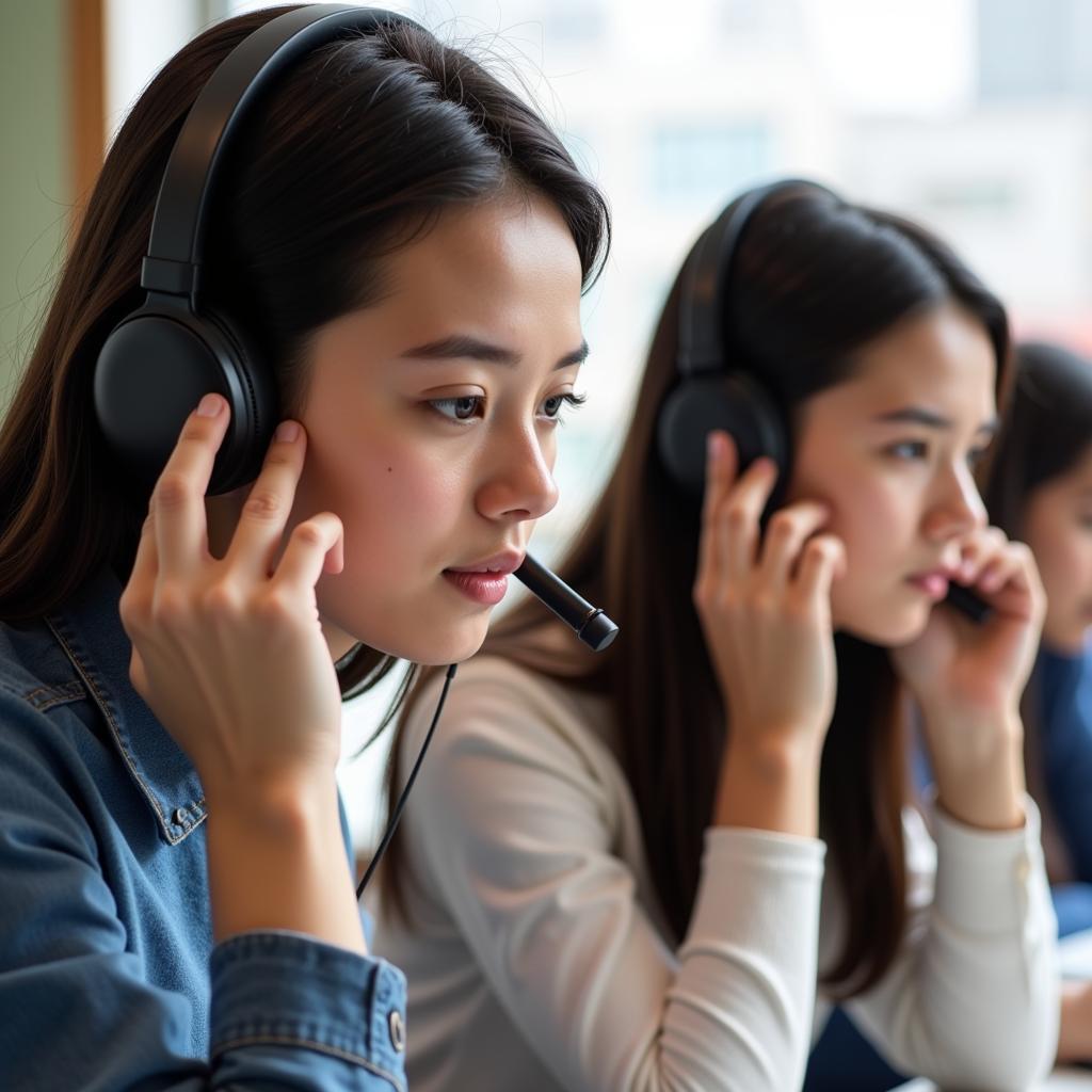 Students Practicing IELTS Listening with Headphones