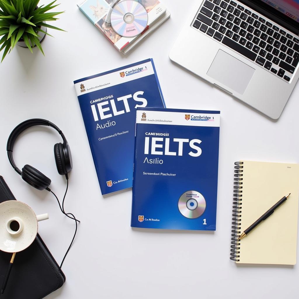 Tài liệu Cambridge IELTS 1 Audio: Hình ảnh minh họa sách và CD Cambridge IELTS 1 Audio cùng với các thiết bị học tập khác.