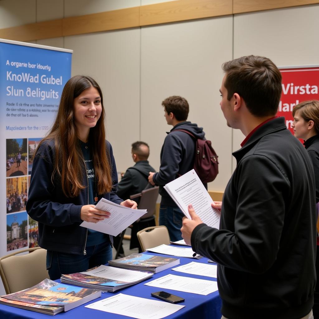 A student asking questions at a study abroad booth