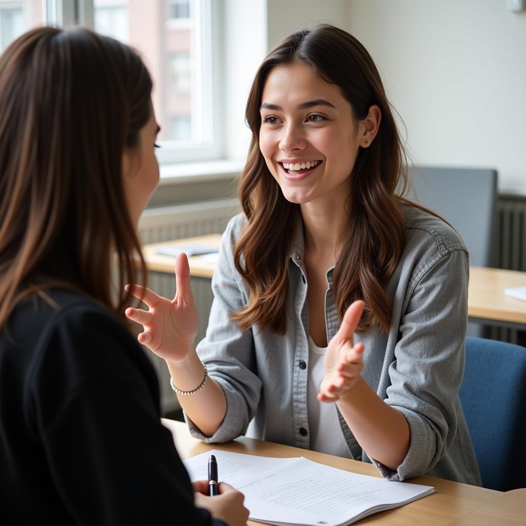 Woman Communicating Effectively During IELTS Speaking Exam